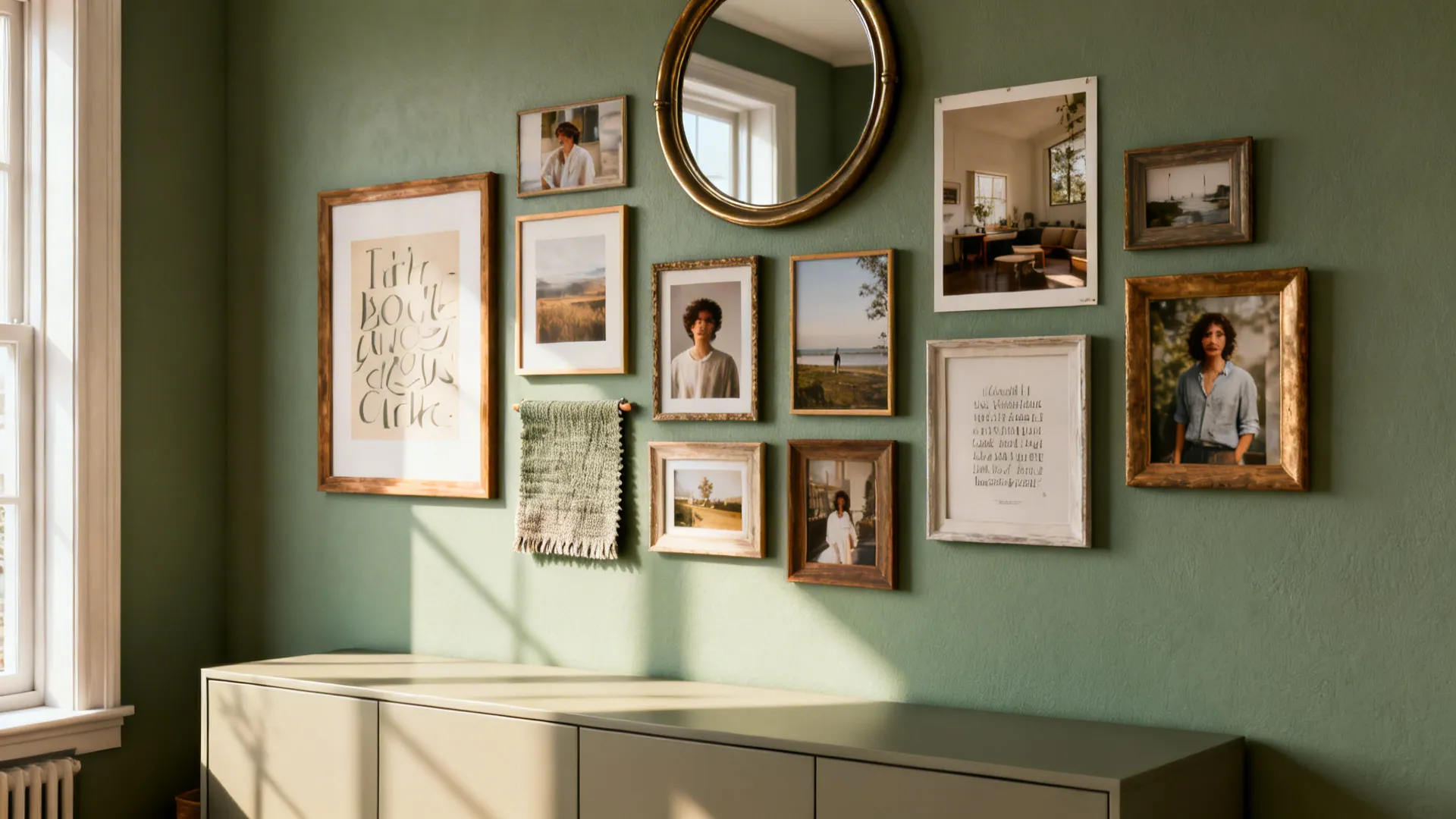 Curated mixed-media gallery wall with photos, prints, a textile swatch and mirror on a sage green wall