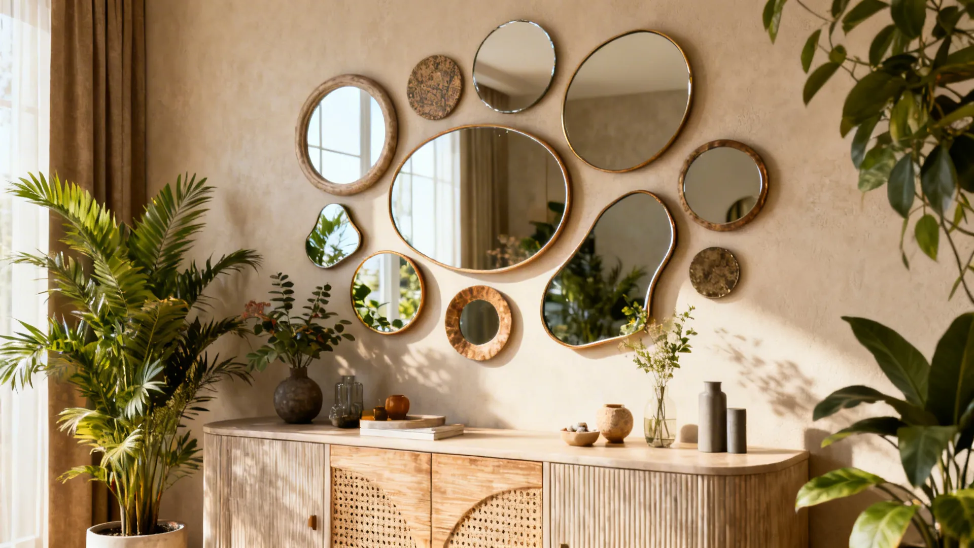 Living room wall with a playful gallery of mixed-shape mirrors above a sideboard.