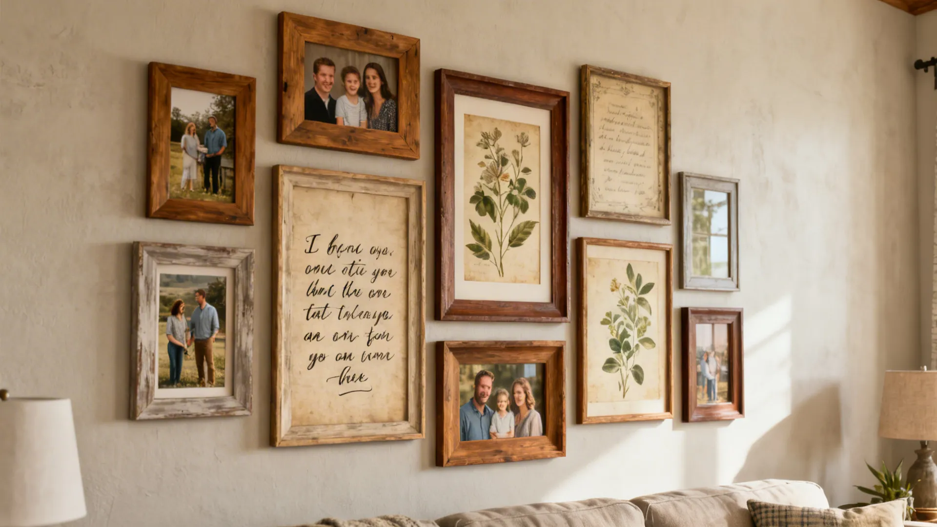 Gallery wall of mixed wooden frames with photos, botanical prints and quotes in a farmhouse living room