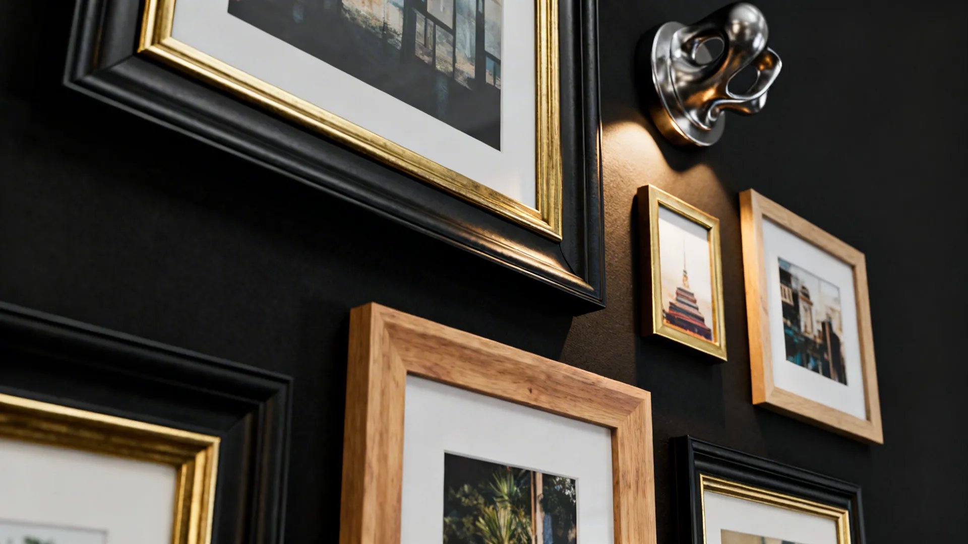 Curated gallery wall on matte black paint with mixed black, brass and wood frames