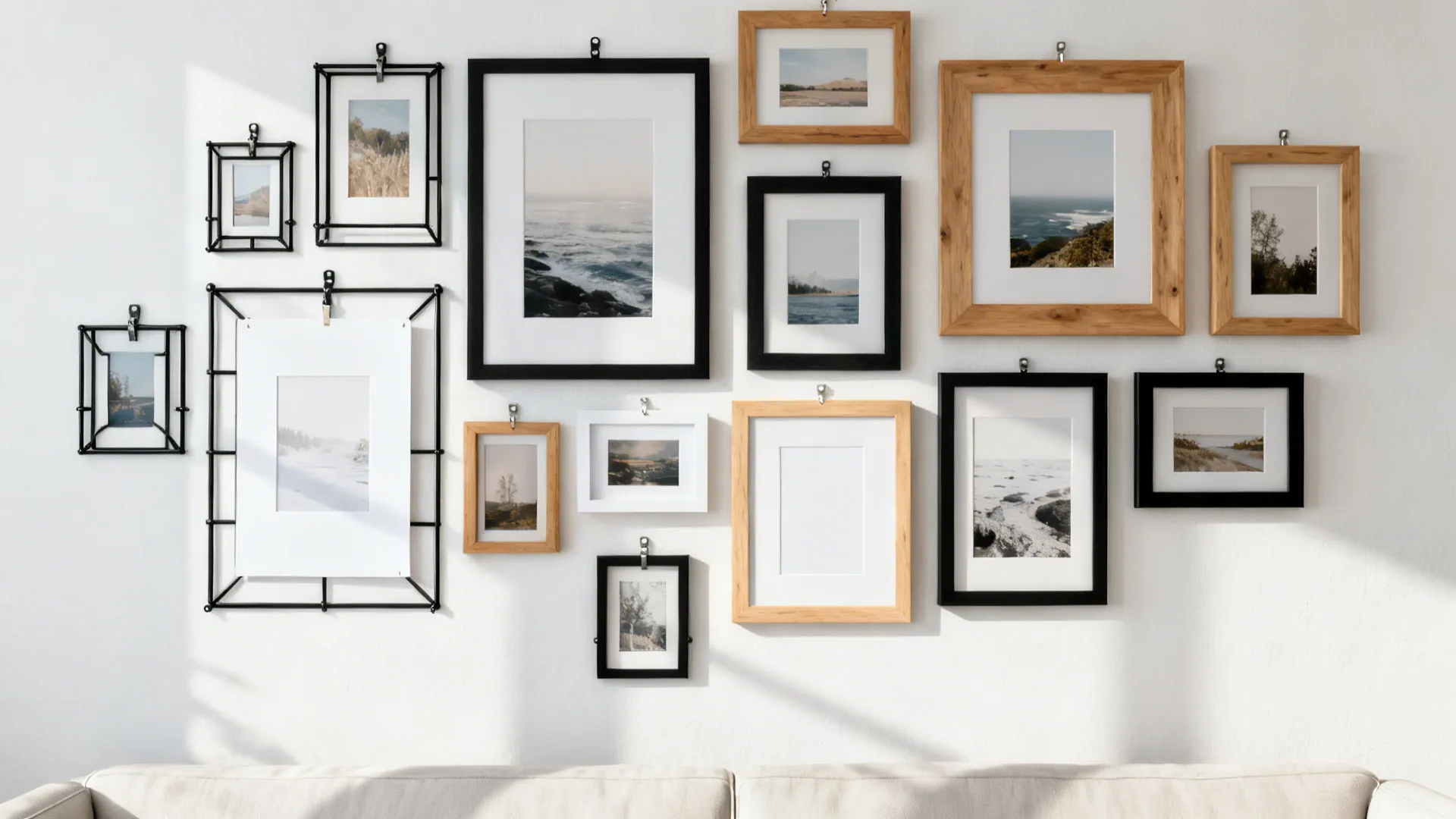 Layered gallery wall with mixed black and wood frames and white mats on a white wall