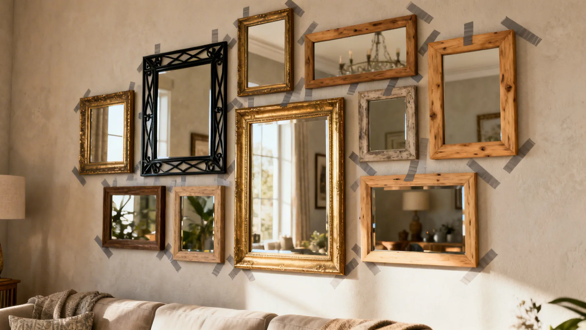 Gallery-style arrangement of mixed-frame mirrors above a sofa with balanced composition