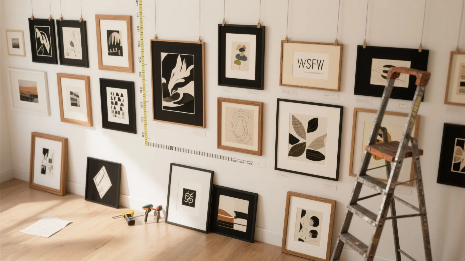 Gallery-style mix of frames arranged on the floor with wall mockup and hanging tools nearby.