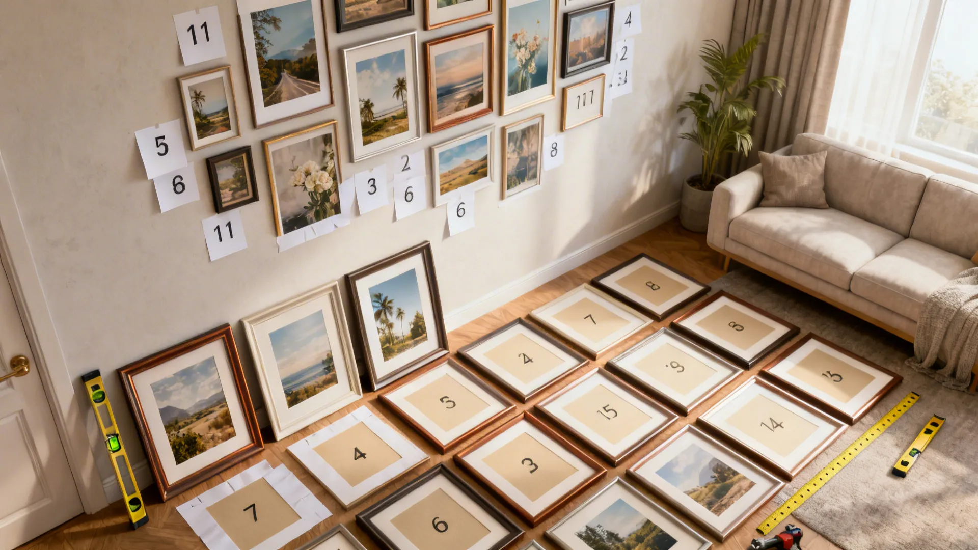 Framed pictures being organized on wall and floor with yellow levels for a gallery wall
