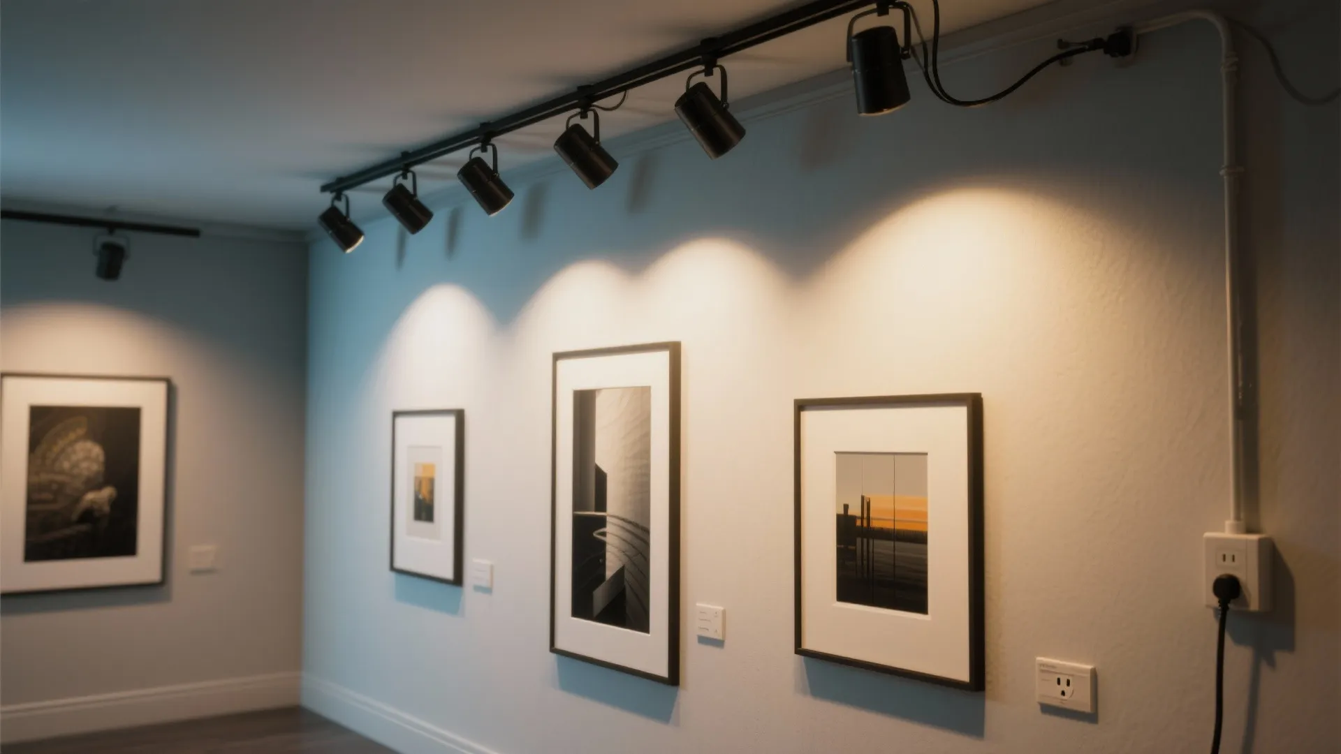 Gallery wall illuminated by an adjustable multi-head plug-in fixture, each head aimed at a framed artwork.
