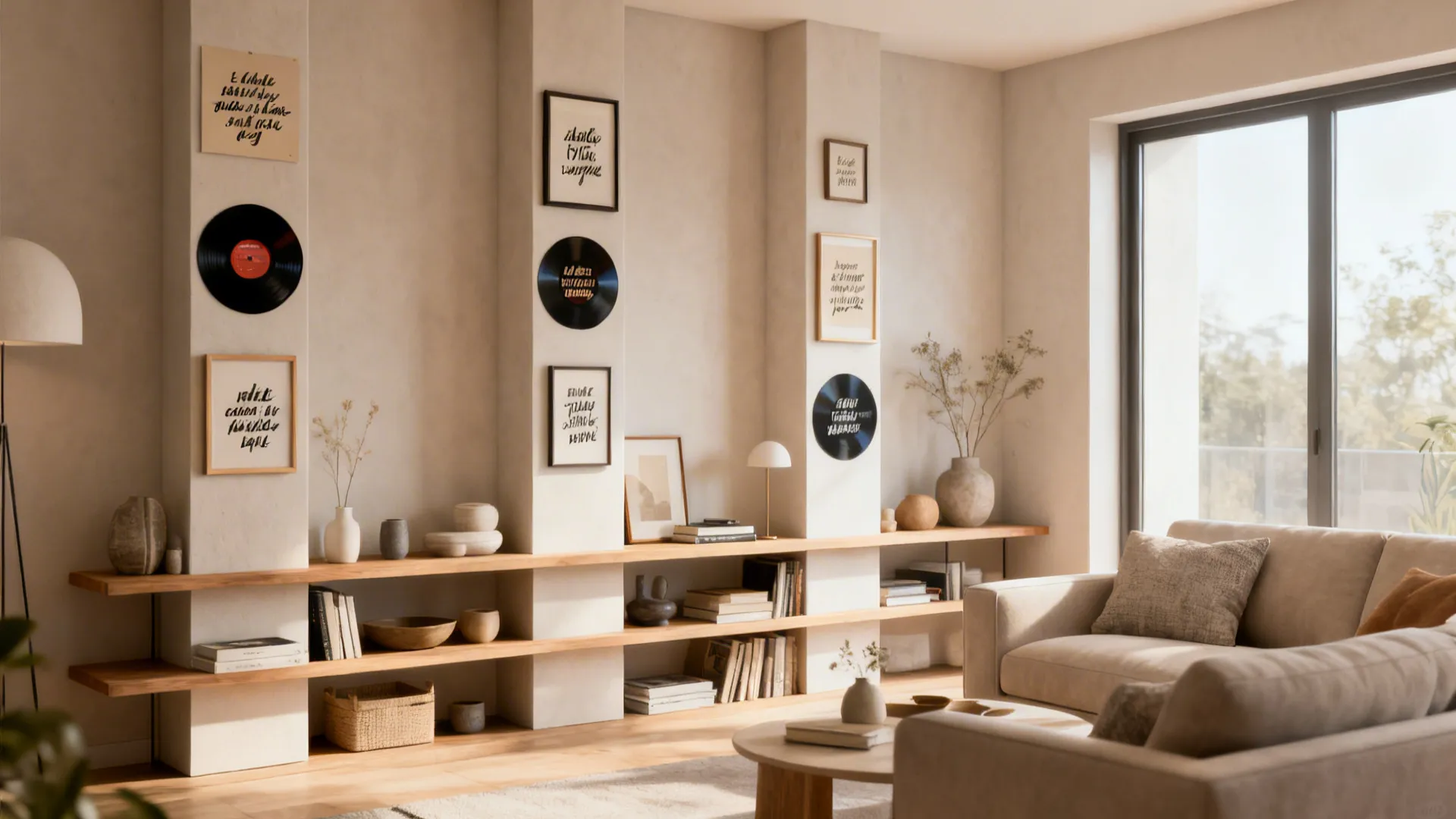 Living room with wooden shelves displaying books vinyl records art frames and beige fabric sofa