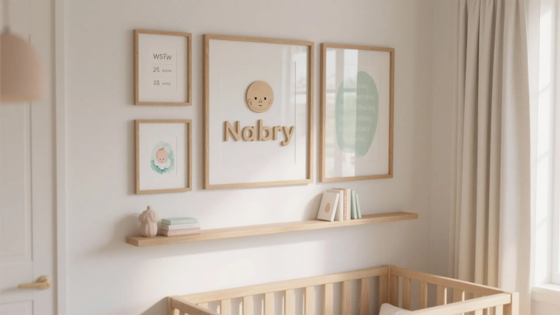 Calm gallery wall with the baby name as anchor, narrow wood frames, and slim picture ledges in a small nursery.