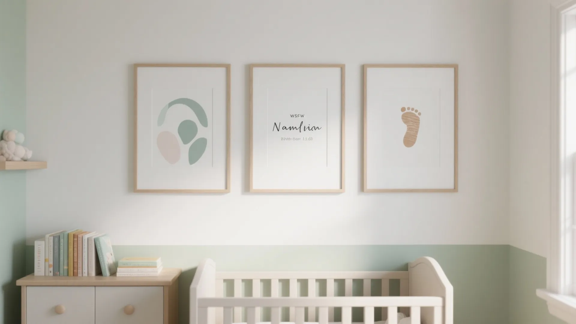 Vertical nursery gallery wall with thin maple frames arranged in a clean grid over a low ledge, no readable text.