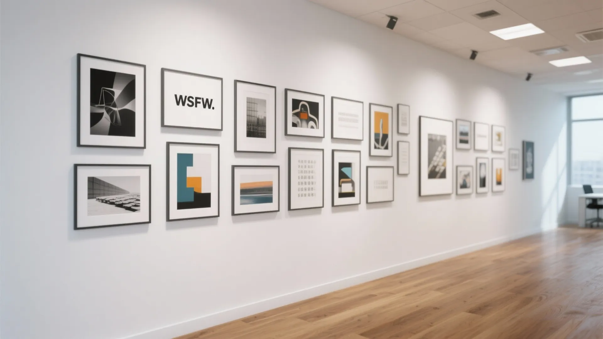 Modern office hallway with wooden floors and long white wall covered in many framed pictures