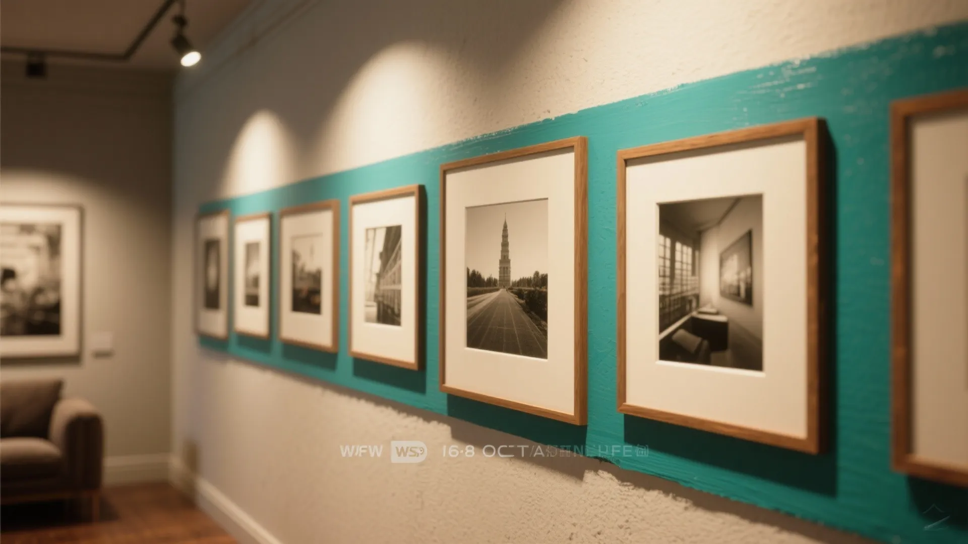 Row of framed pictures on a blue painted wall stripe under warm indoor track lighting