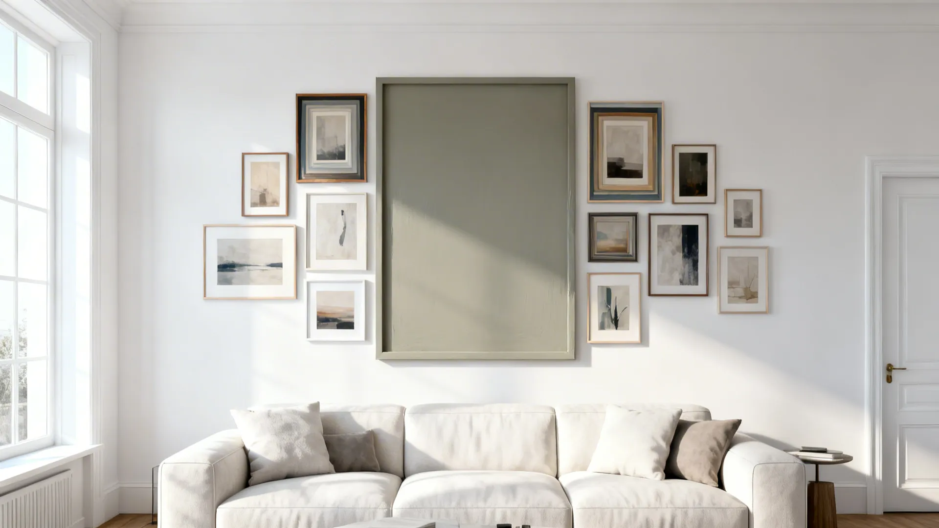 White living room with a painted rectangle framing a gallery wall above the sofa
