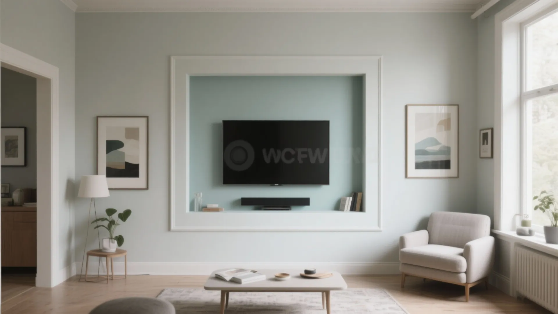 5. Gallery-style painted panel to frame art and TV