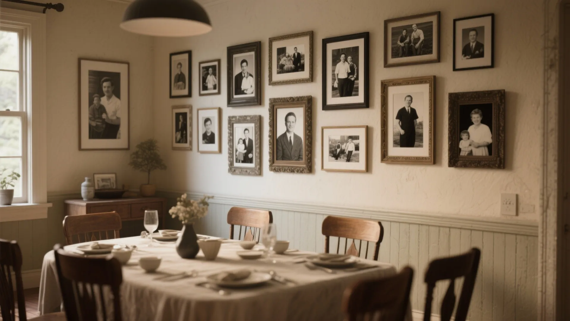 Dining hall with a gallery wall of mismatched frames