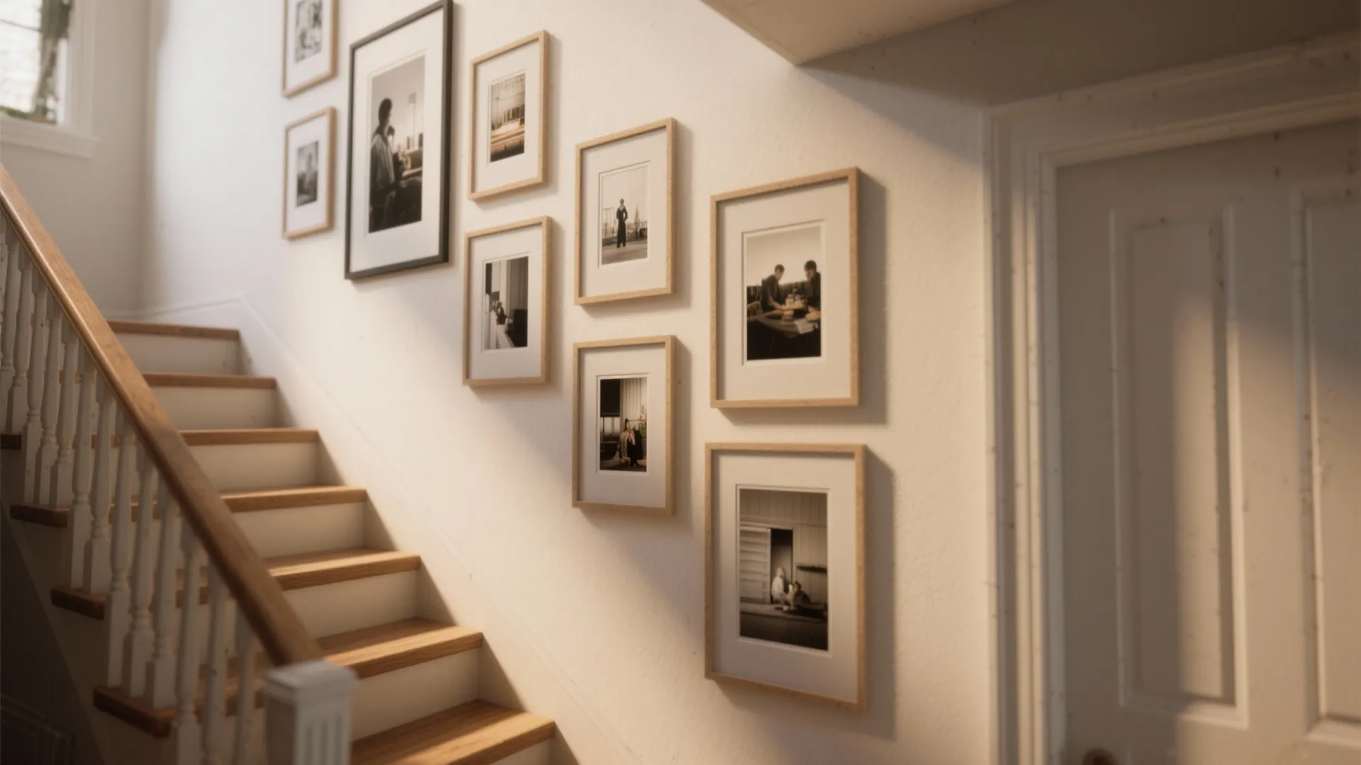 Indoor wooden staircase with white wall decorated by many framed black and white family portrait photos