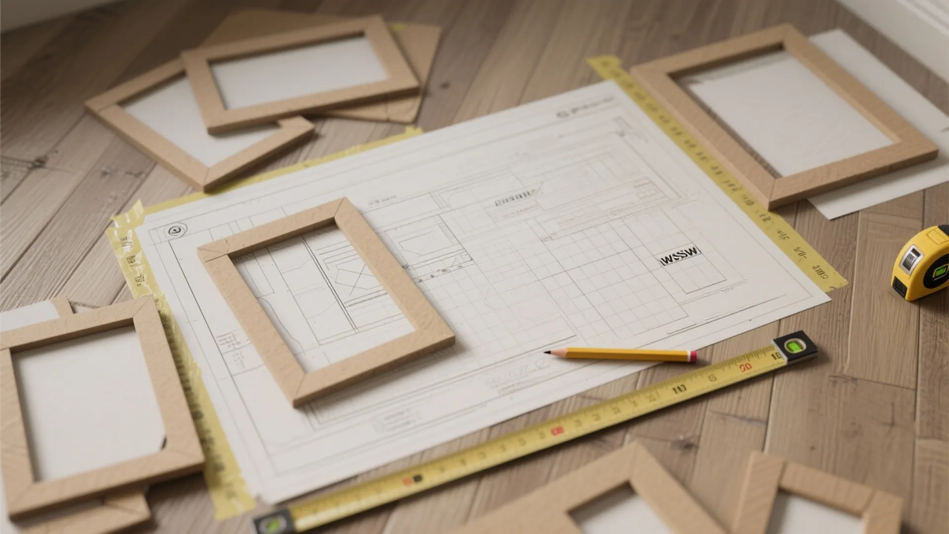 Interior design drawing on wooden floor with wooden picture frames pencil and yellow measuring tape