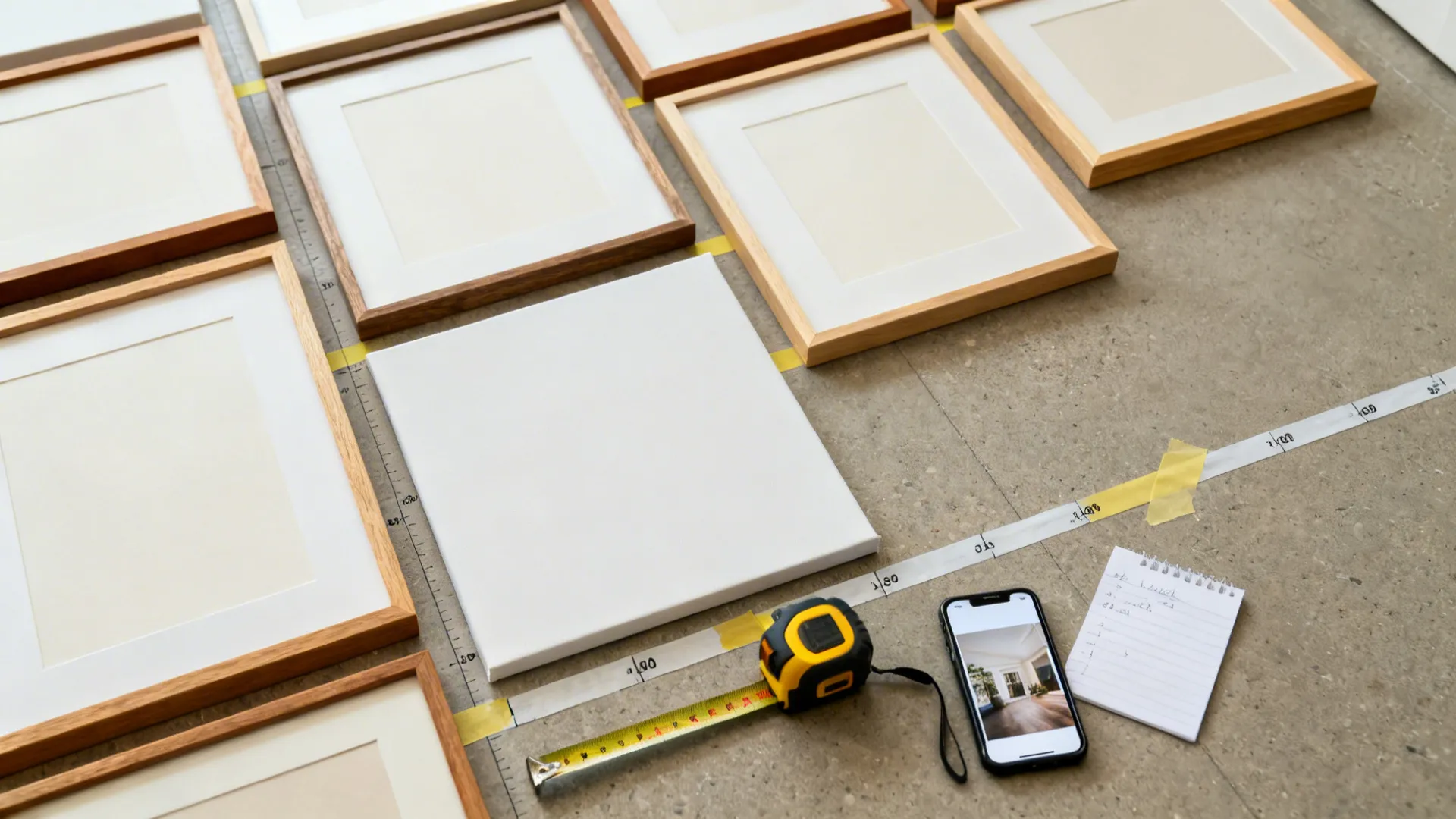 Top-down scene of frames laid out with measured gaps and a taped baseline for a gallery wall plan.