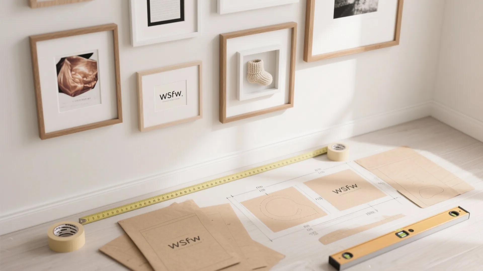 Wall gallery planning with picture frames and measuring tape plus level on a light floor