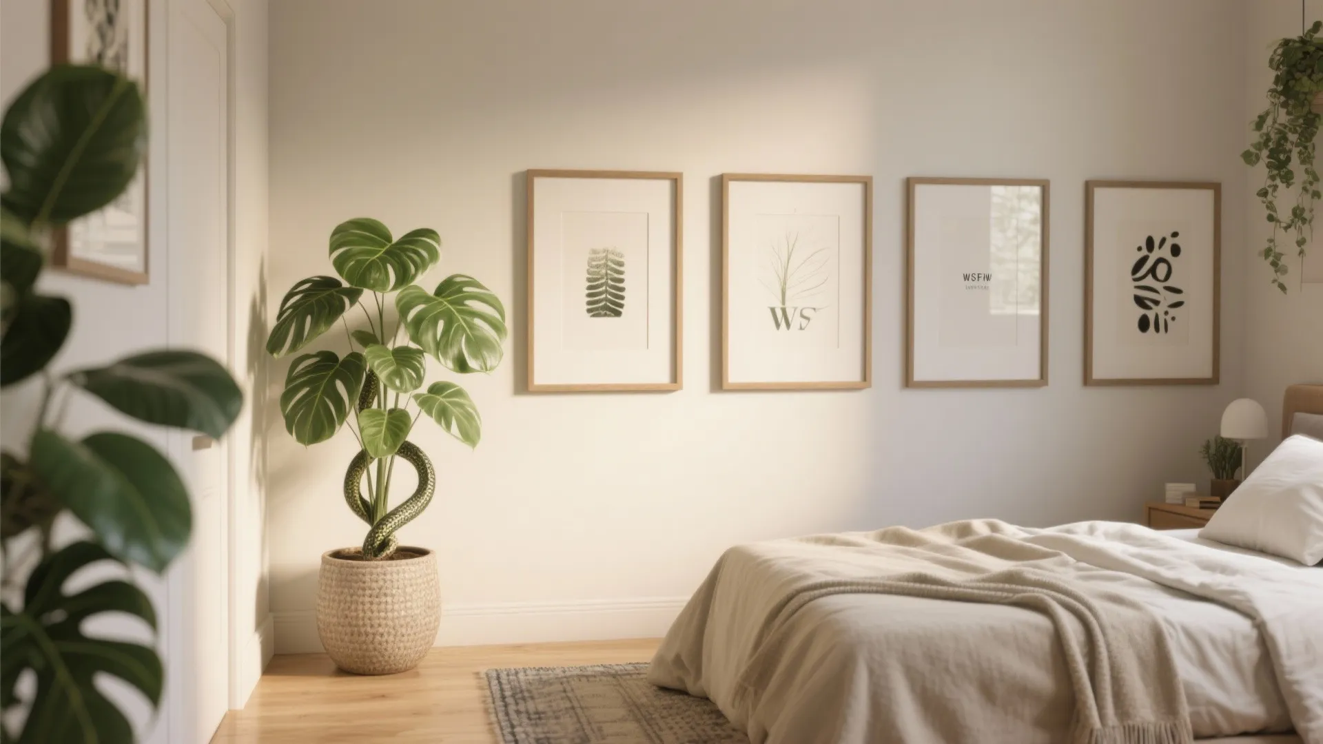 5. Curate a small gallery wall + plants for texture