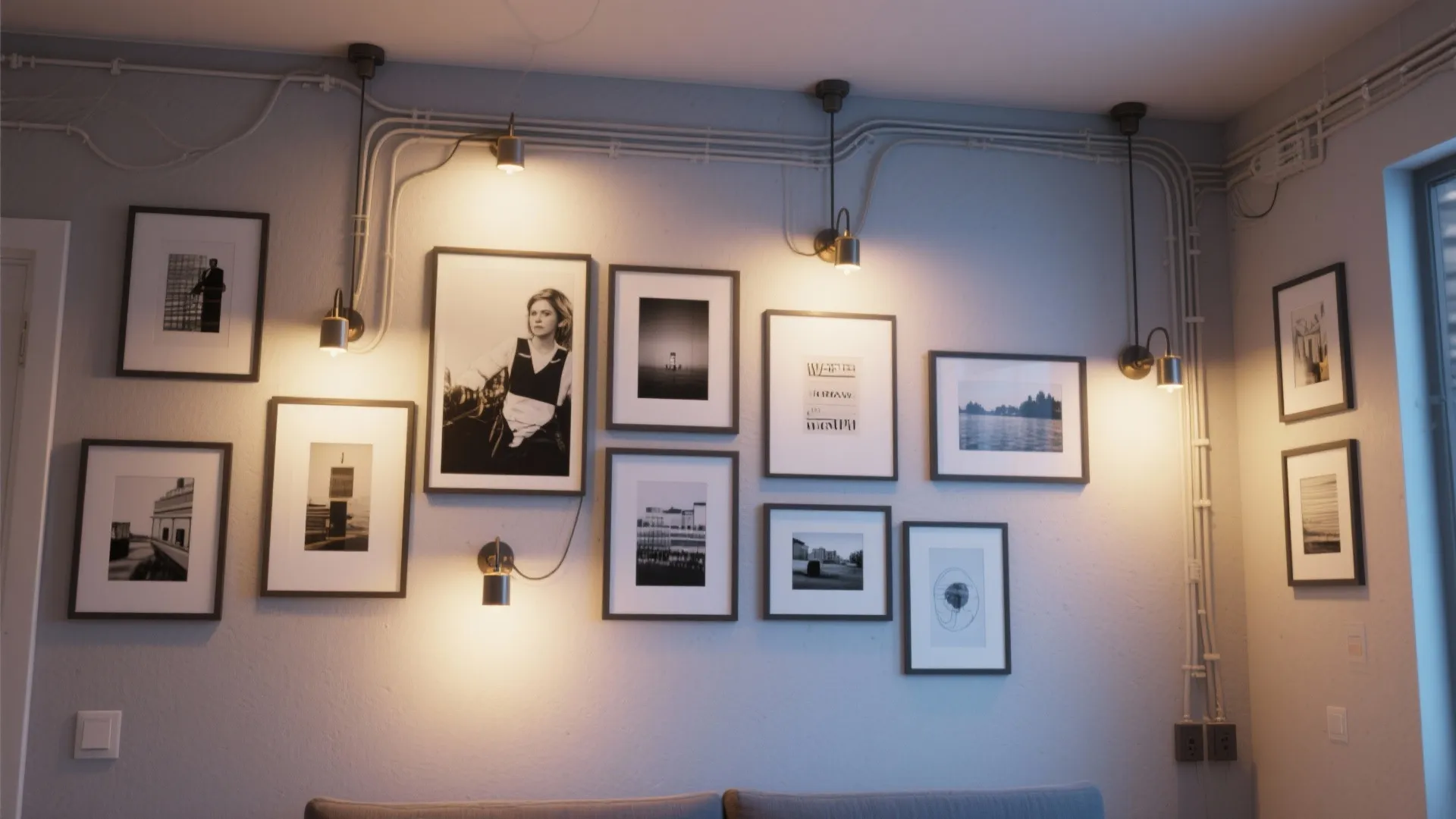 Flexible gallery wall with plug-in picture-mounted lamps and neat cord routing