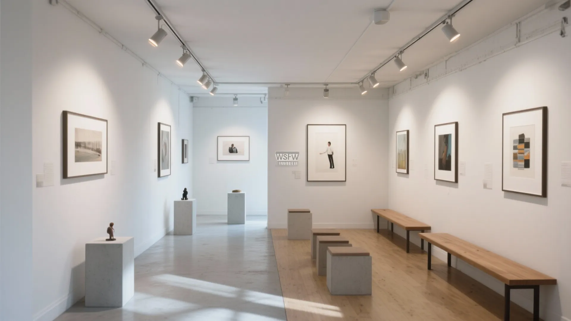 Small gallery pop-up with white walls, track lighting, and a clear circulation path for viewers.