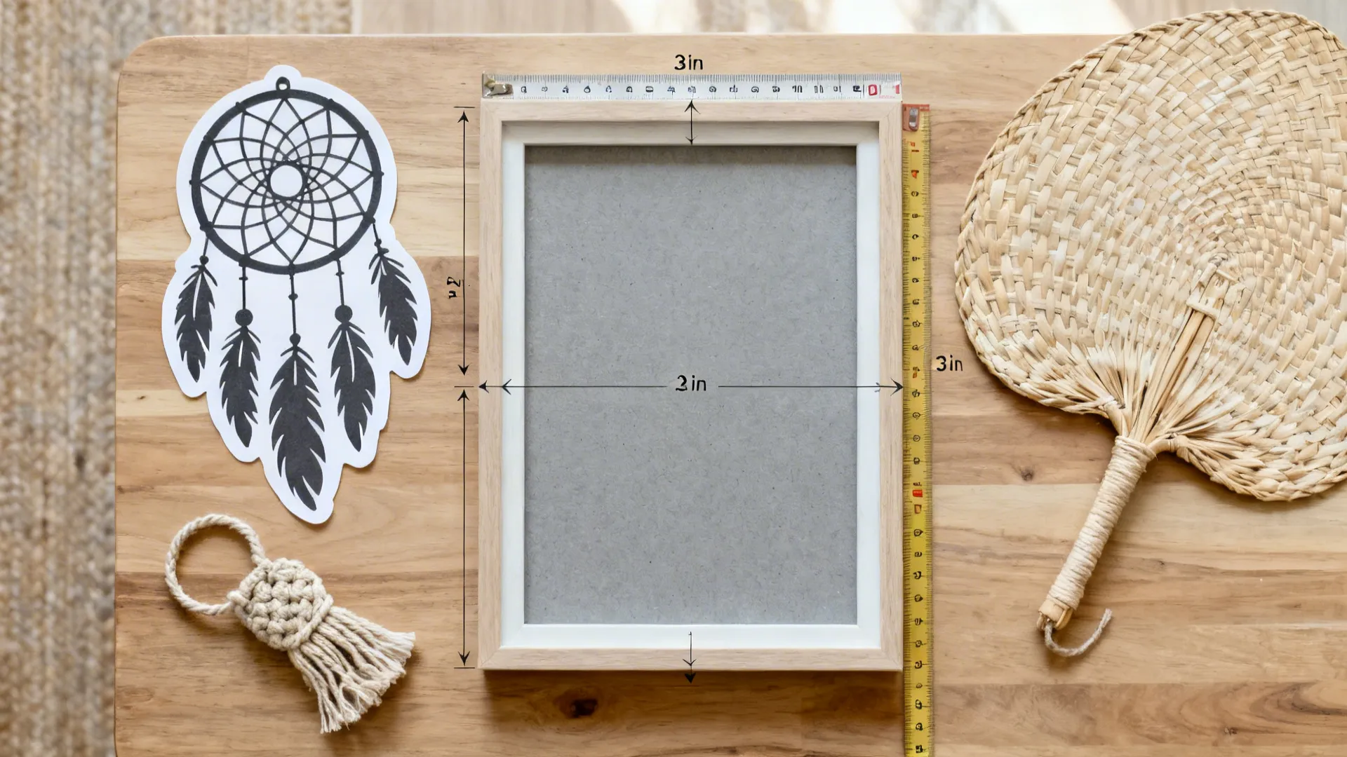 Overhead planning layout with paper cutouts and tape measuring spacing for a curated gallery wall.