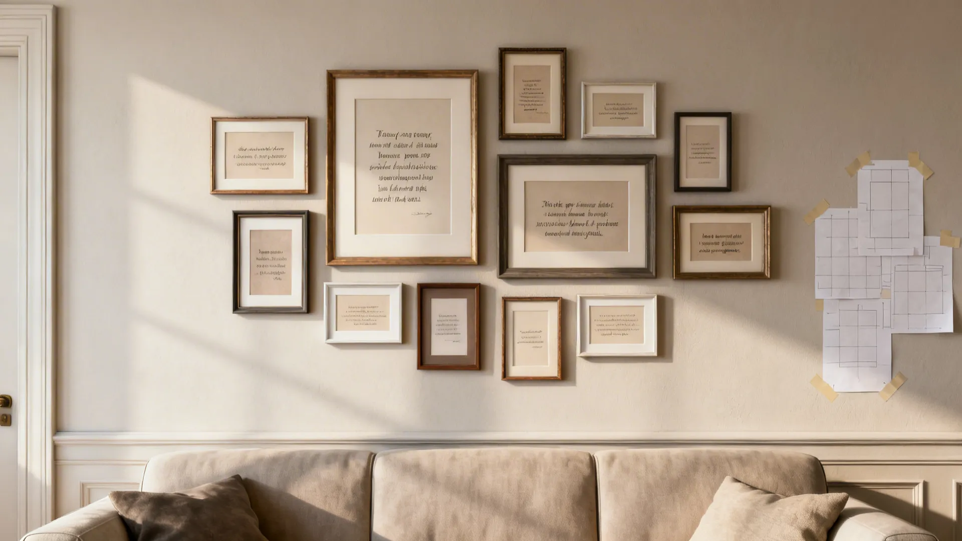 Curated gallery wall of several framed quotes above a sofa with paper layout templates on the wall.