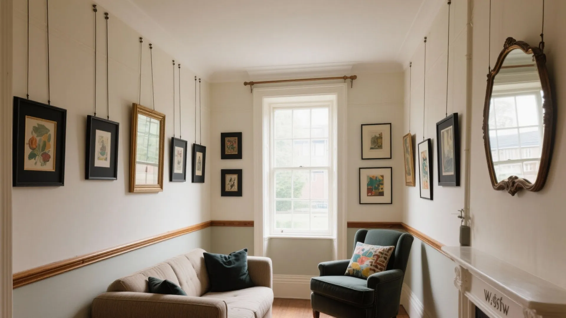 Traditional living room with beige sofa, green armchair, large window, and many framed pictures hanging