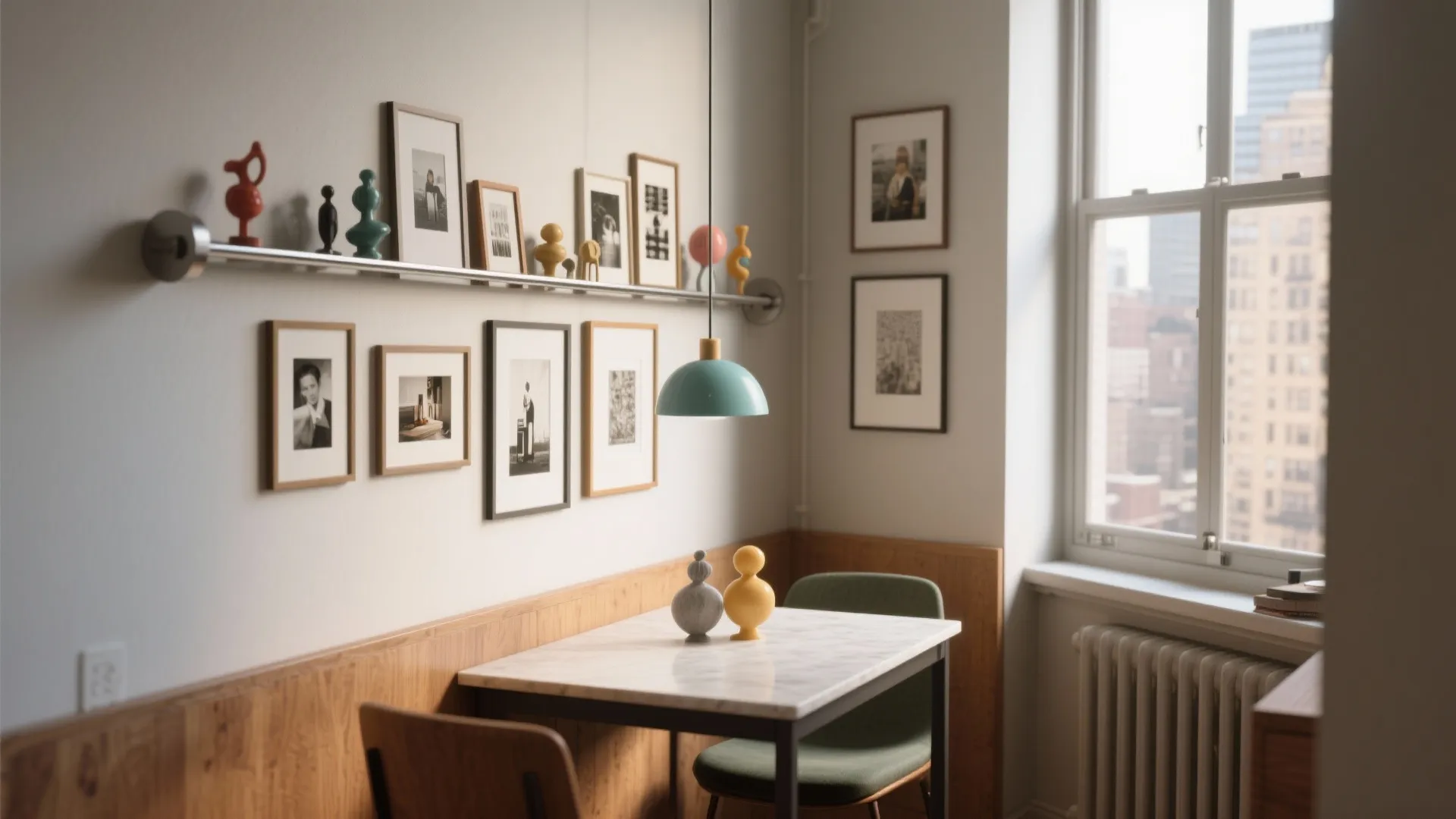 Dining area with marble table, blue ceiling light, gallery wall frames, and city window view