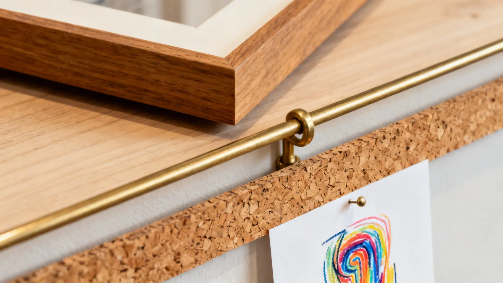 Close-up of a brass gallery rail and cork strip with a pinned abstract drawing.