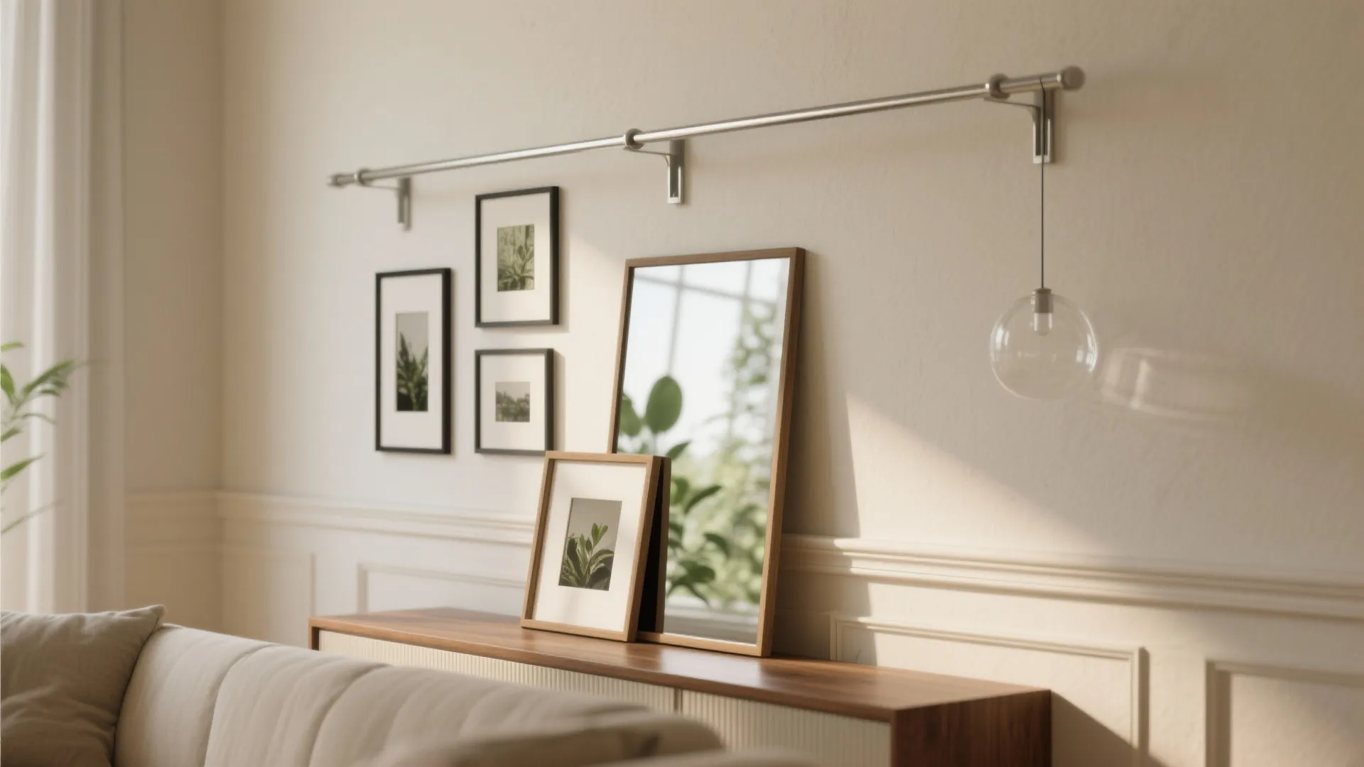 Modern living room with metal wall rail hanging pictures mirror on cabinet and glass light