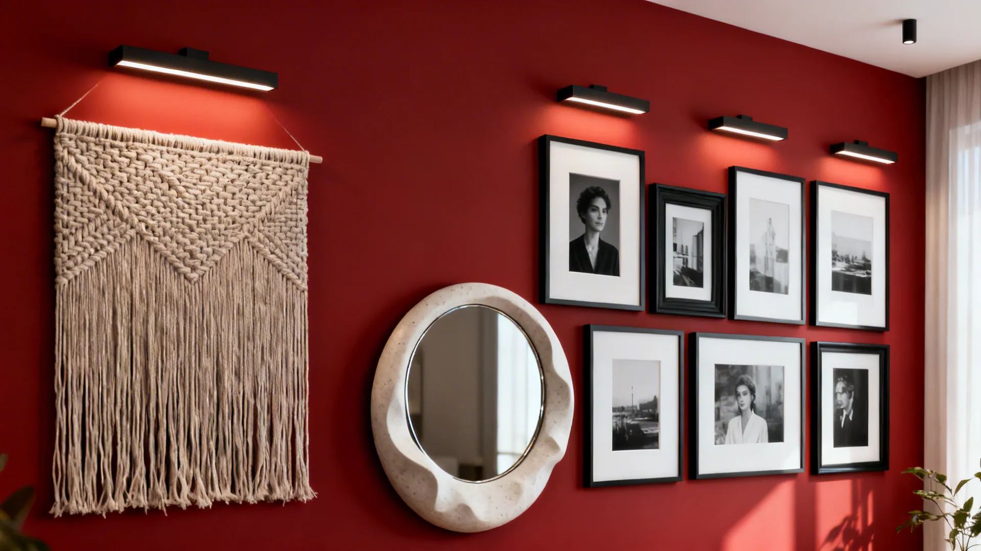 Gallery display on a crimson wall with white-matted frames and a woven textile.