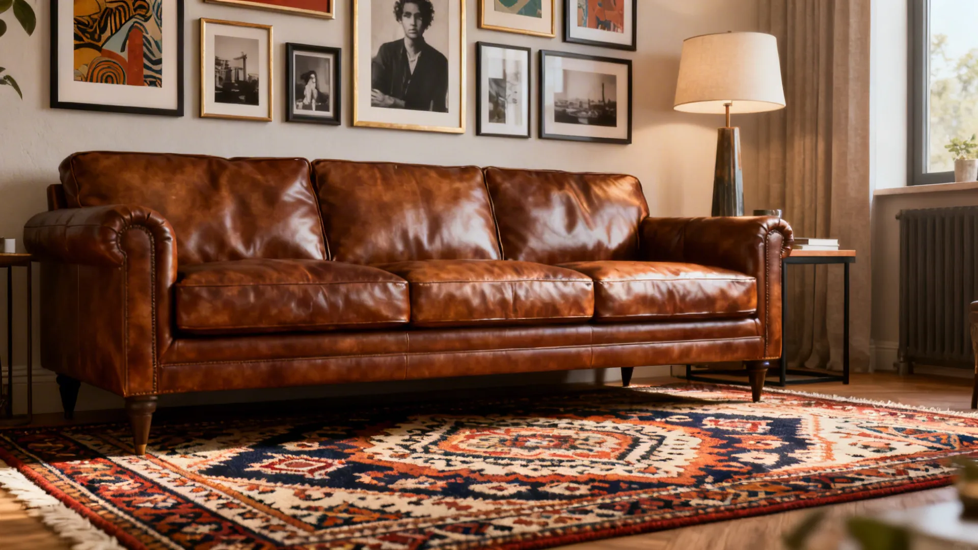 Brown leather couch grounded by a bold patterned rug and a curated gallery wall.