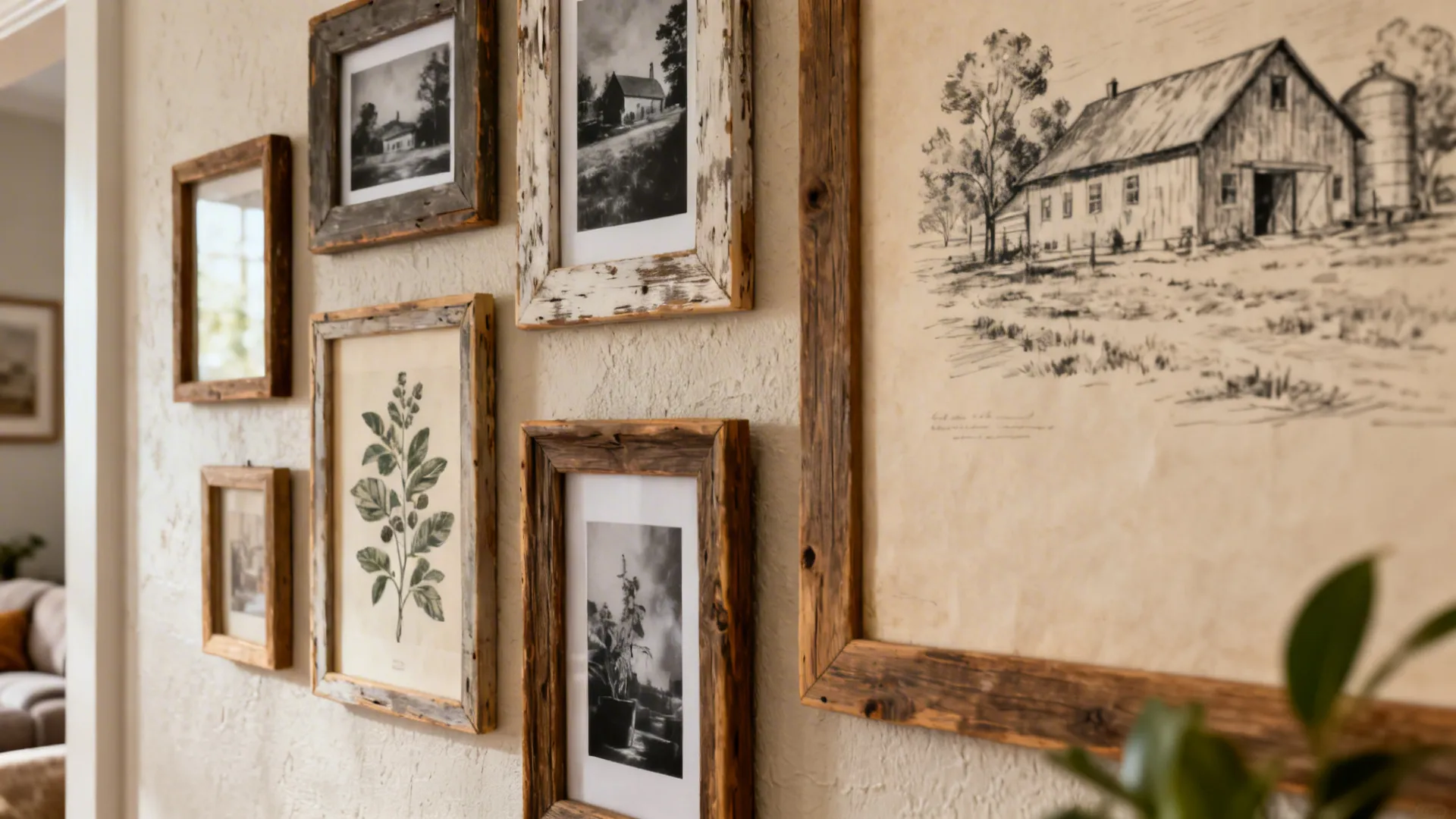 Layered gallery wall with mismatched rustic wooden frames and farmhouse artwork