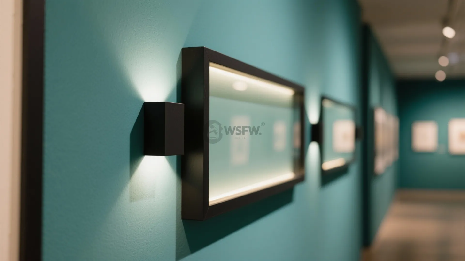 Black wall light fixture illuminating a framed picture on a teal wall in a gallery