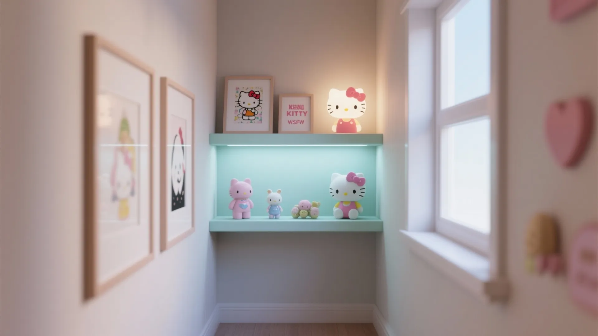 Kids room wall shelf with toys and light fixture near window and framed wall art