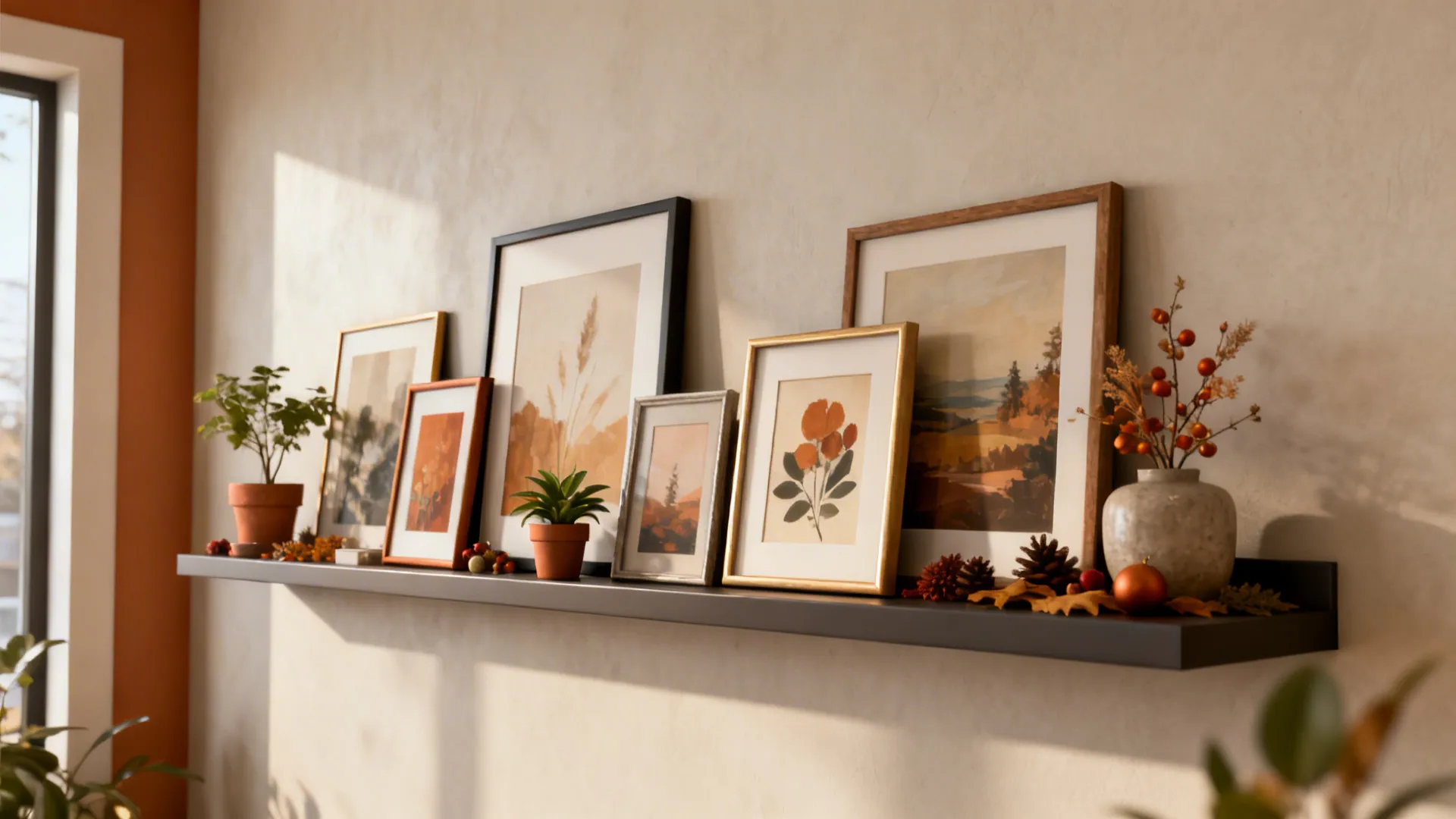 Black wall shelf holding several framed pictures small green plants a vase and seasonal decorations