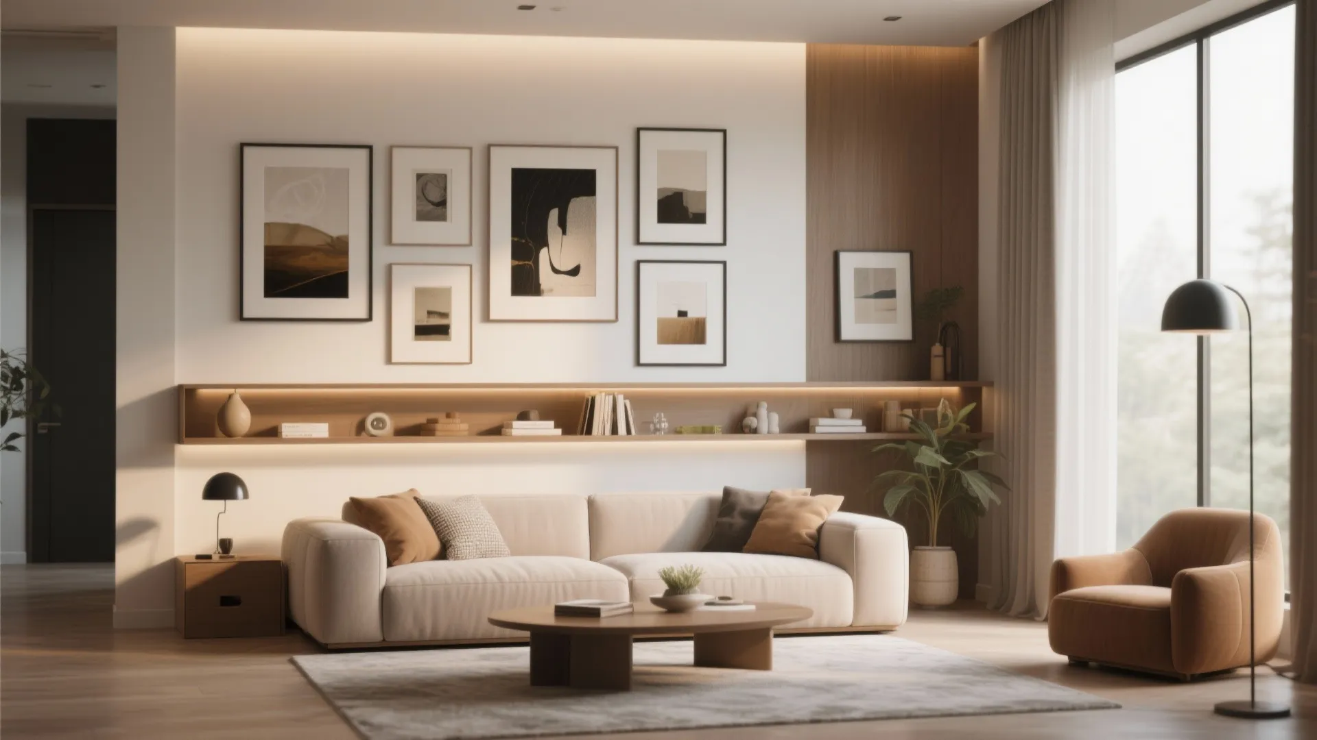 Gallery wall with integrated narrow shelves and framed art