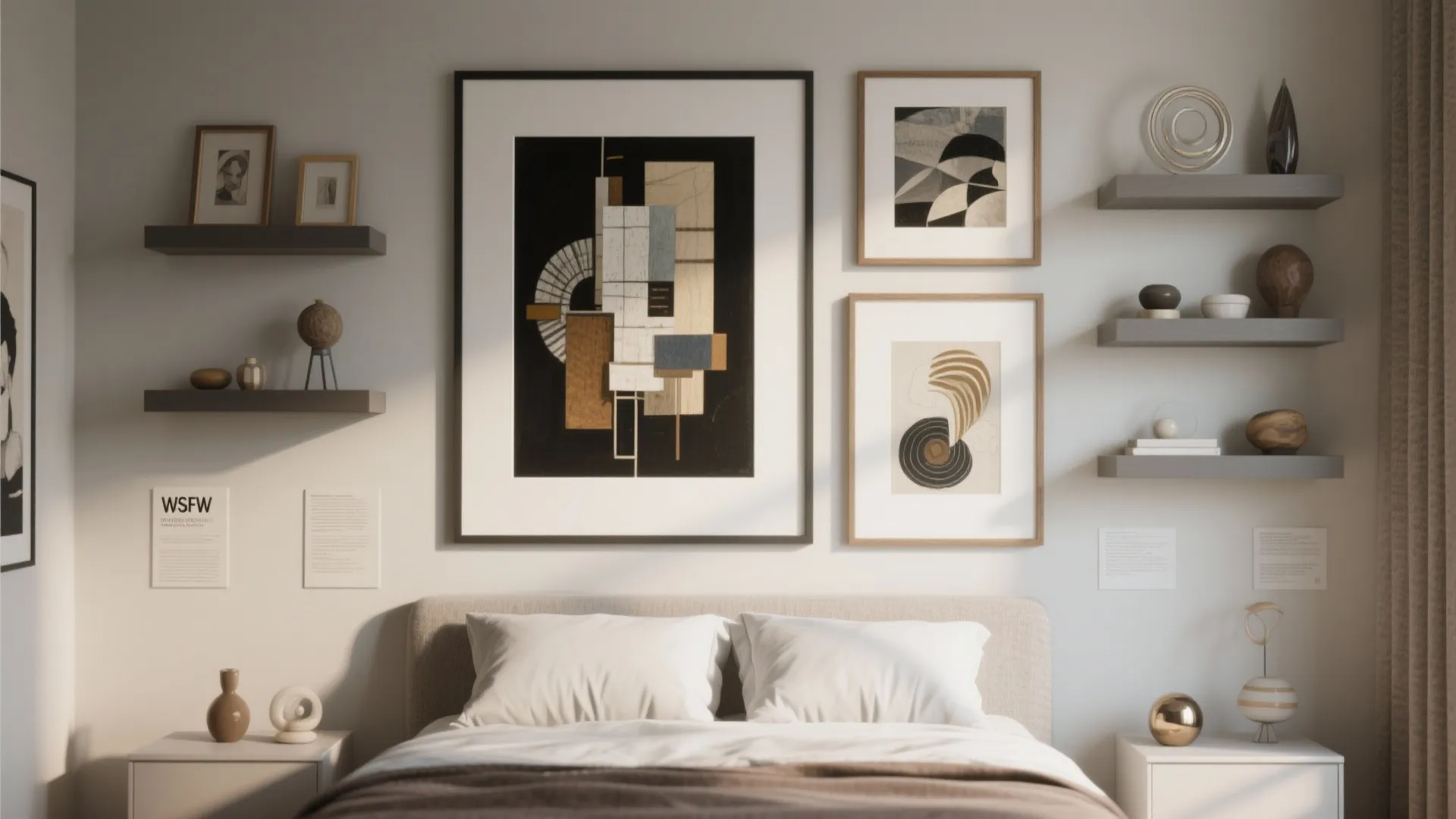 Wall gallery with framed art and small grey shelves holding decorative vases in a bedroom