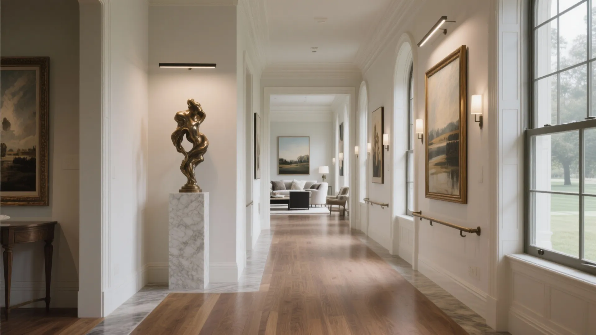 Gallery-grade art walls and sightline choreography