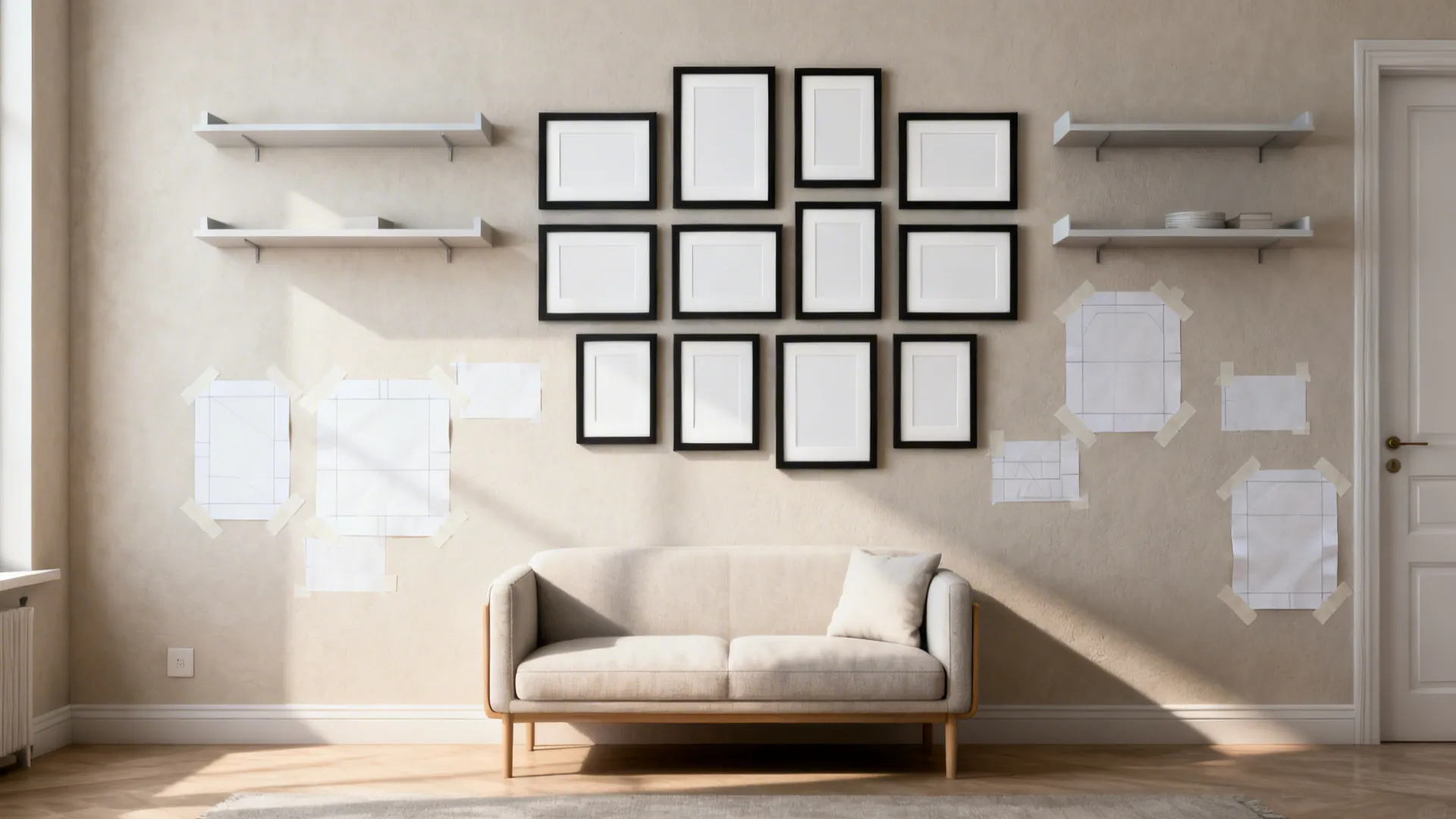 Small living room gallery wall with slim frames and floating shelves above a compact sofa