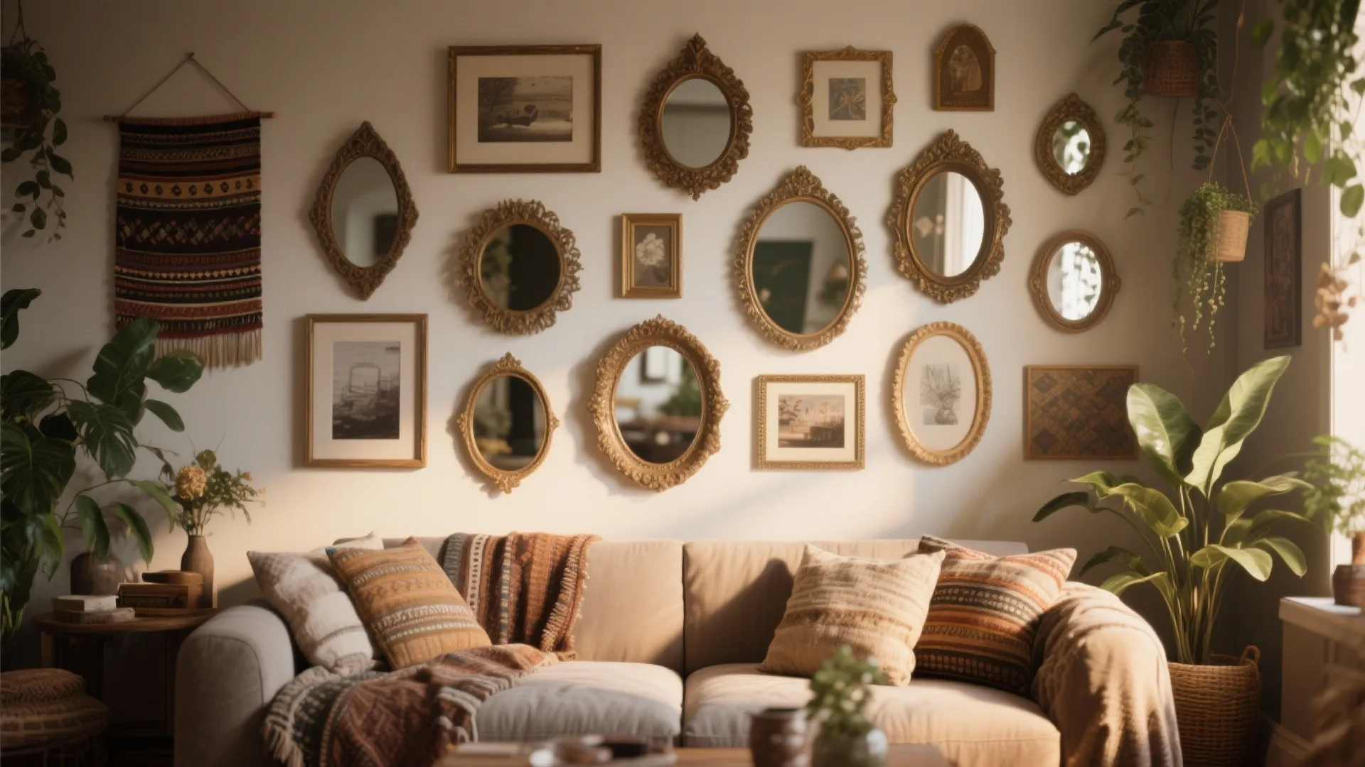 Living room wall decorated with vintage gold mirrors and pictures above a comfortable beige sofa