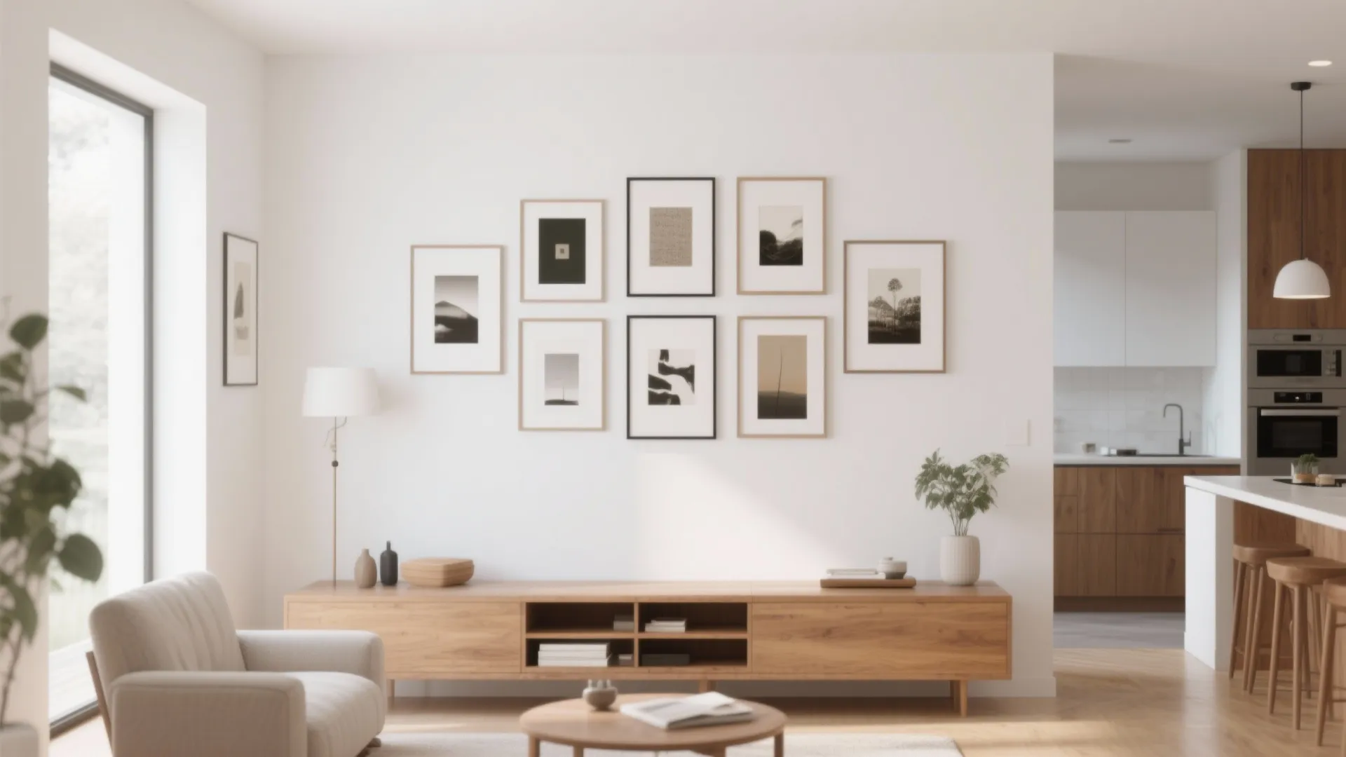 Curated gallery wall on a white wall arranged by size and color flow, beside an open kitchen.