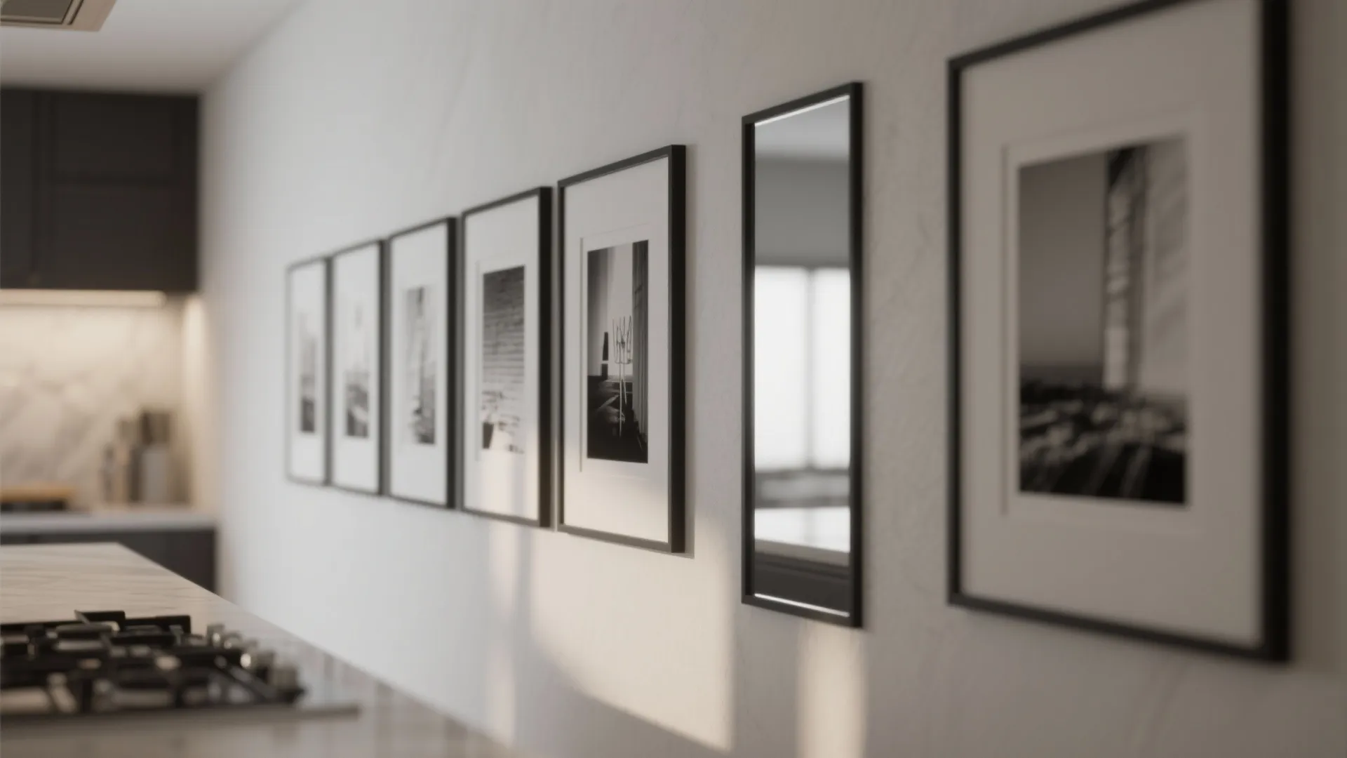 Row of black picture frames on white wall in modern kitchen with marble countertop display