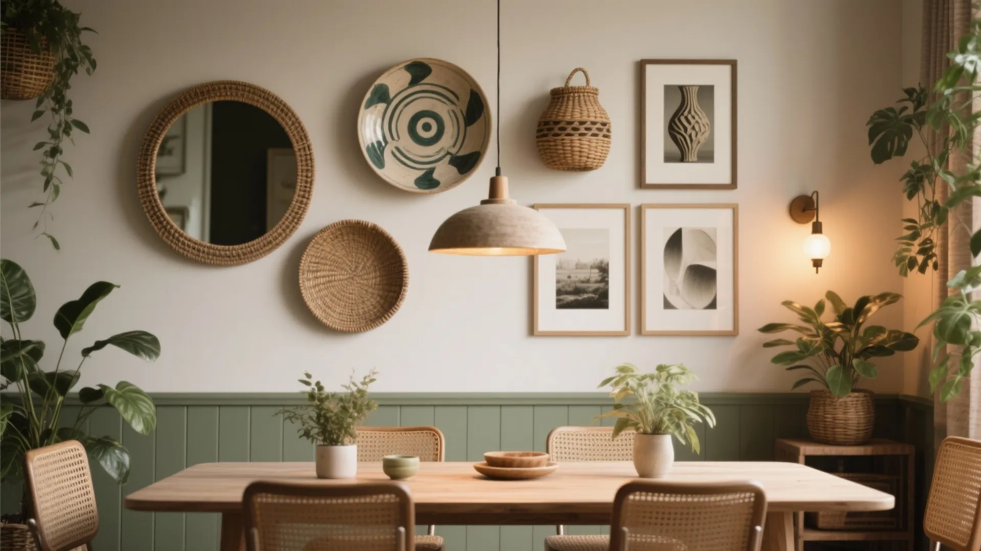 Dining wall gallery strip with mirrors, woven baskets and sculptural plate above a wooden table.