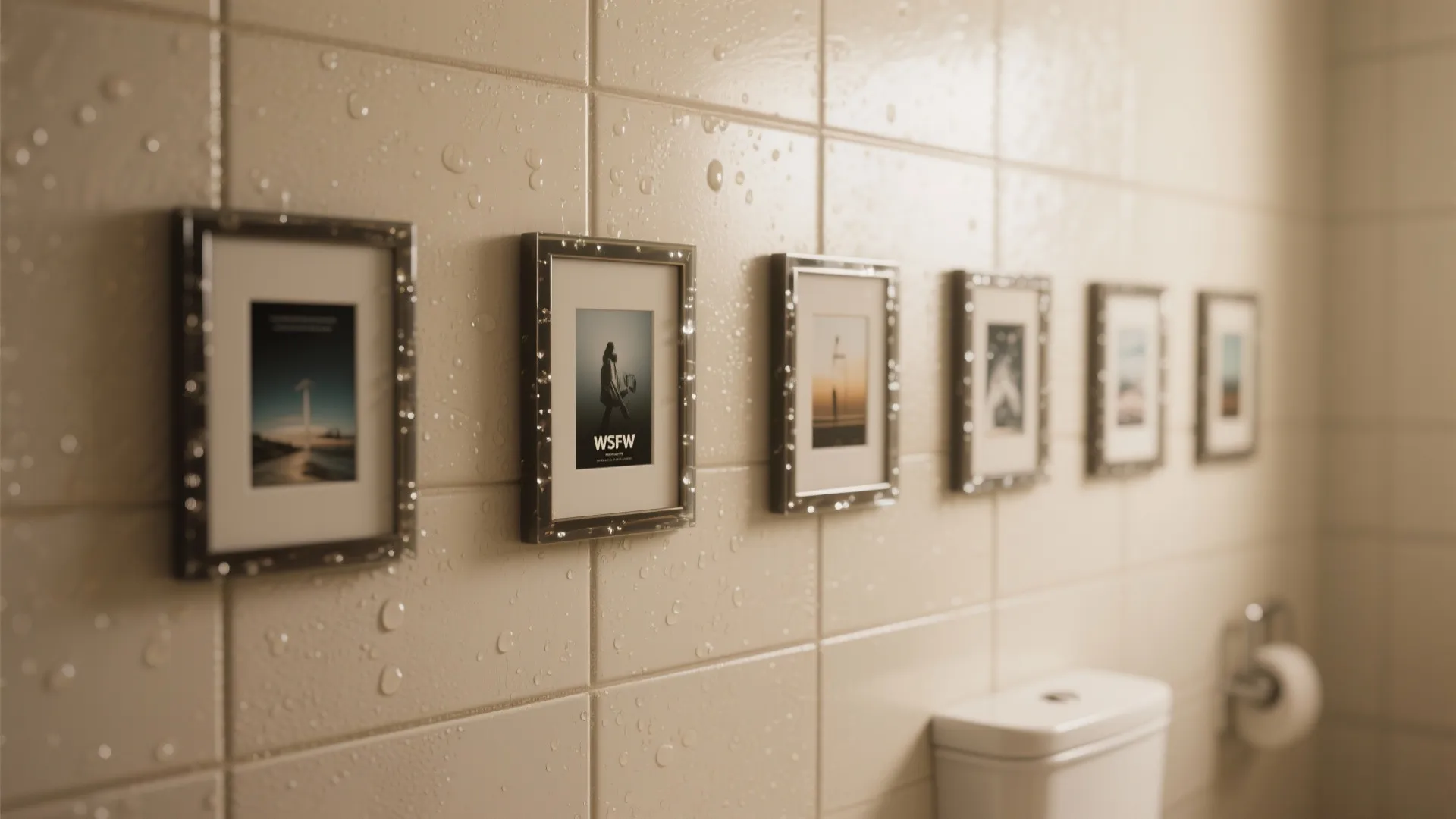 Row of small framed pictures on beige tiled wall with water droplets in a bathroom