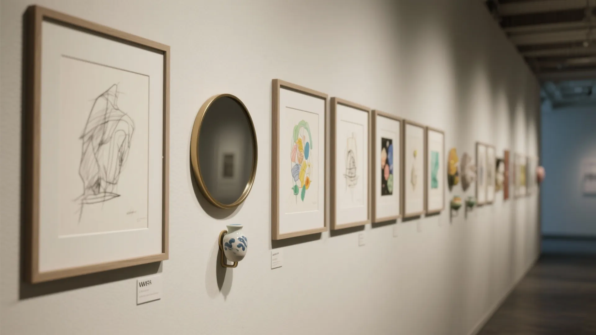 A unified horizontal gallery strip mixing drawings, ceramics, and a small mirror aligned along a consistent top margin.