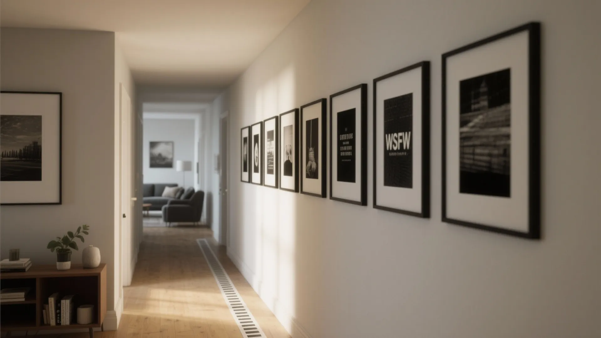 Neat gallery strip of black frames on a narrow living room wall with neutral decor