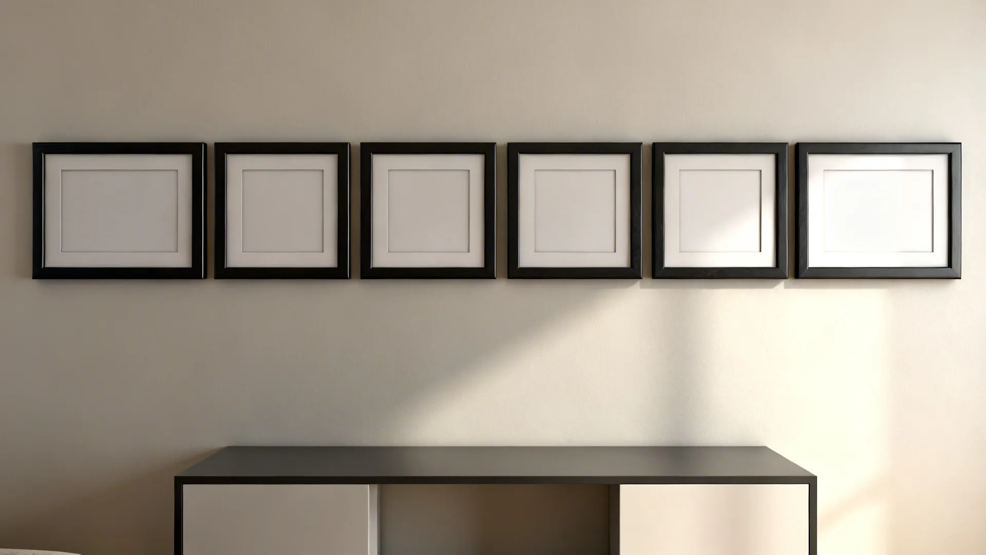 Gallery strip of identical frames aligned precisely above a console in a small living room.