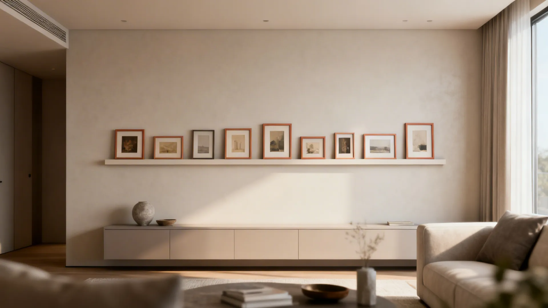 Modern living room with small framed pictures on a long shelf above a minimalist cabinet