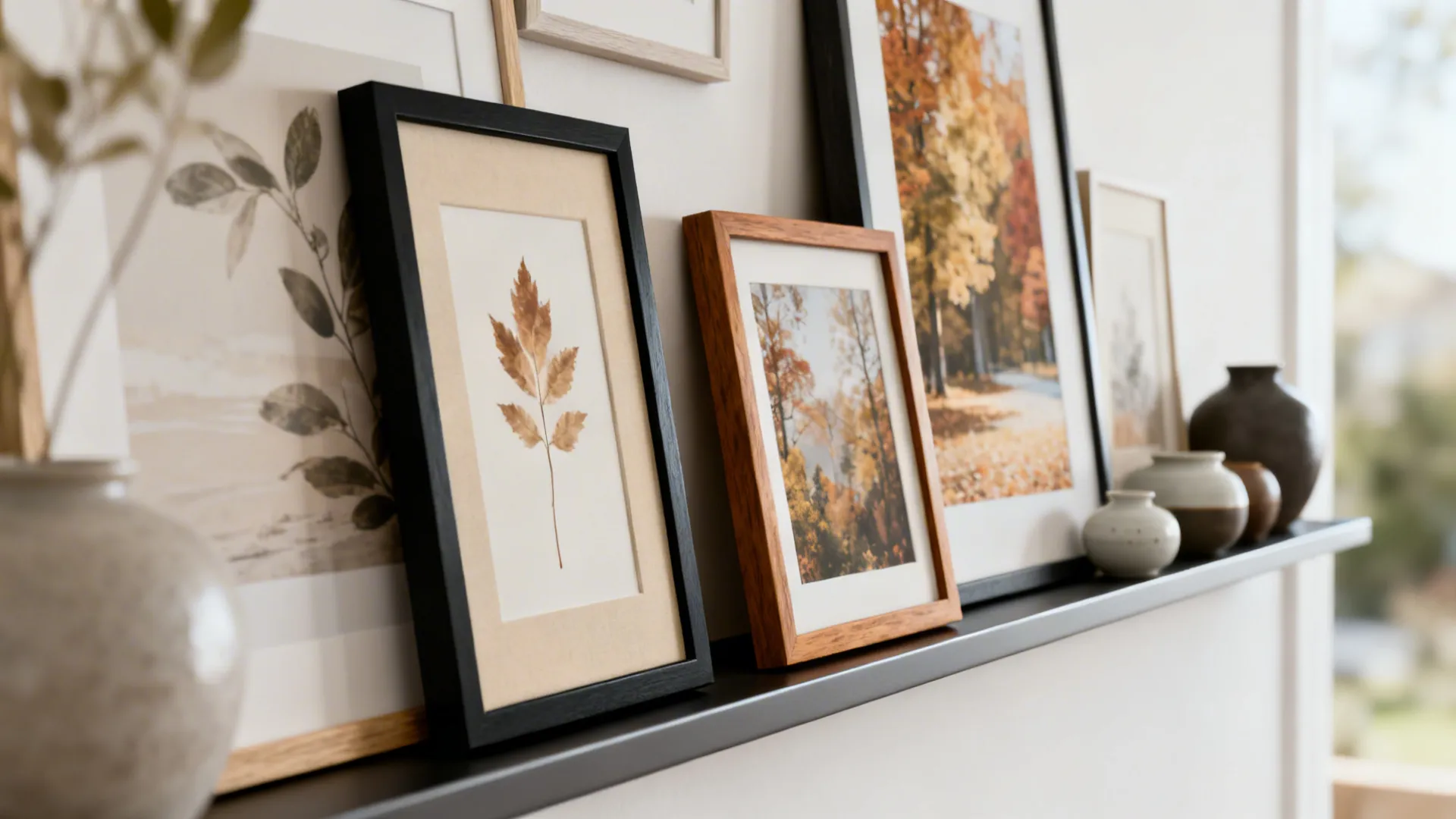 Picture ledge with mix-and-match frames and small decor items on a neutral wall